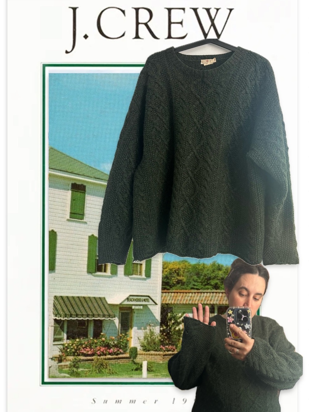 J. Crew Forest Green Cable Knit Crewneck Sweater
